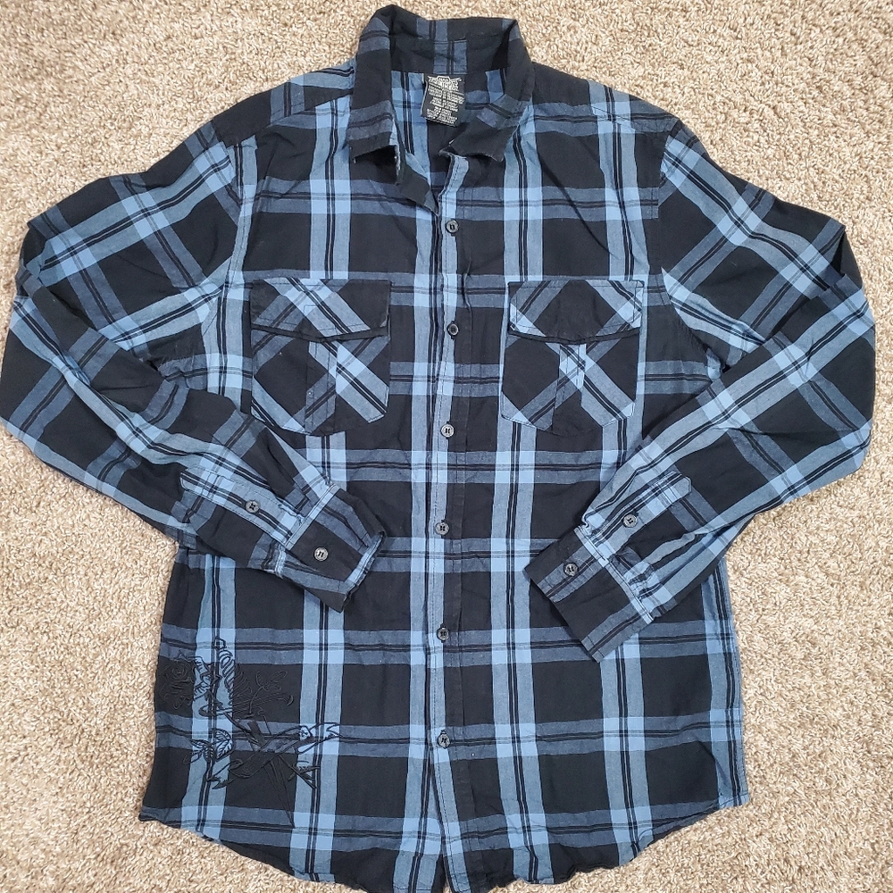 MMA Elite Blue Black Long Sleeve Button Down Mens Shirt‎ Medium   Good pre owned